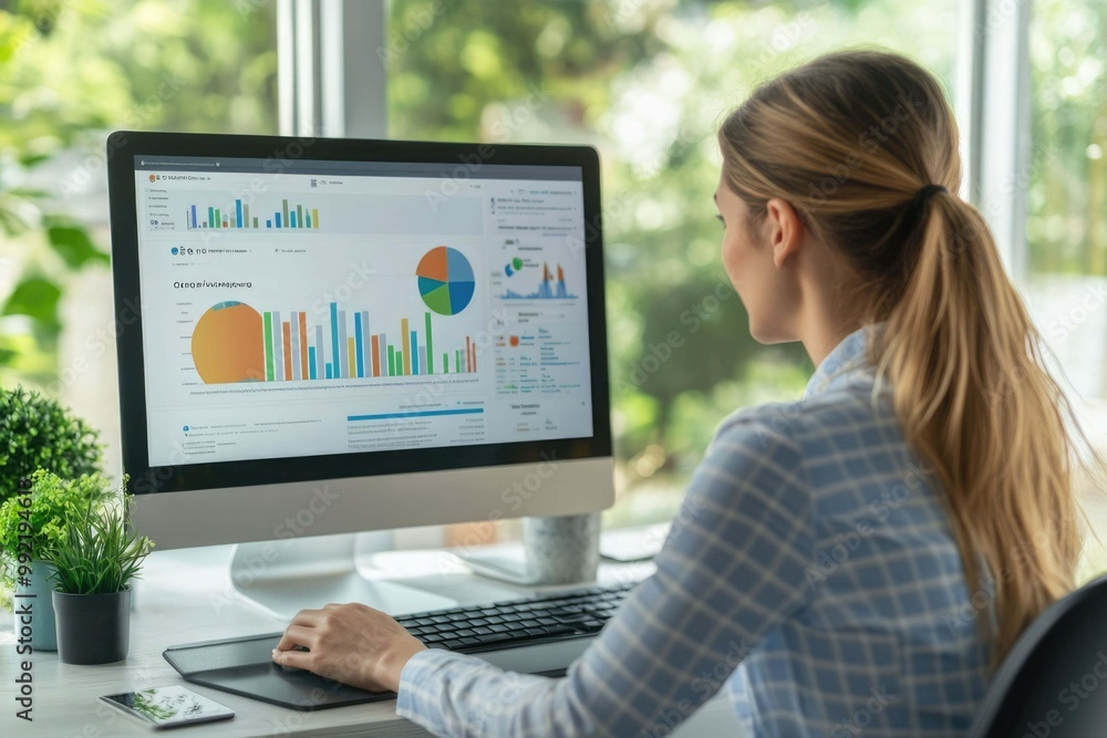 Adult businesswoman working at home using computer, studying business ideas on a pc screen on-line. Adult businesswoman working at home using computer, studying business ideas on a pc screen on-line.