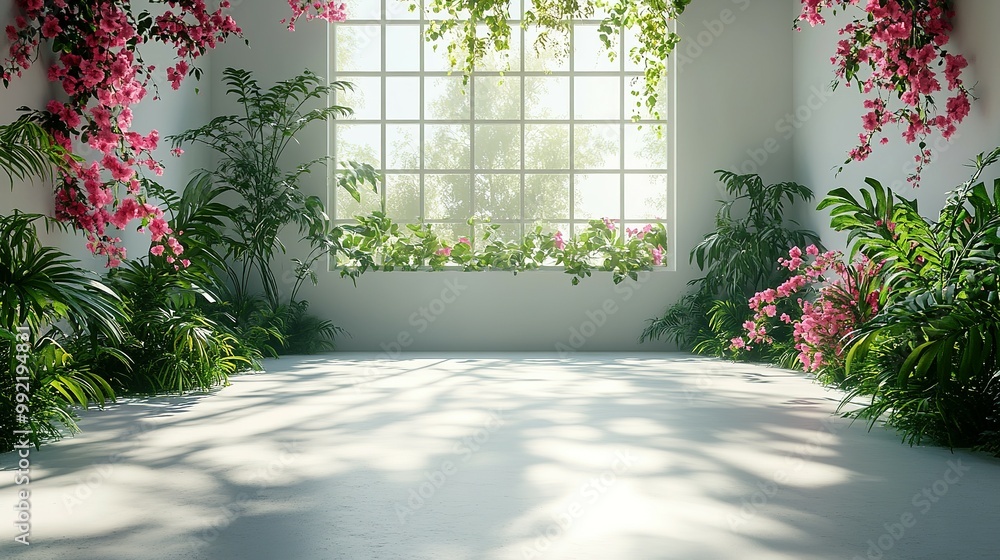Sunlit Room with Window and Pink Flowers Hanging from the Ceiling Sunlit Room with Window and Pink Flowers Hanging from the Ceiling