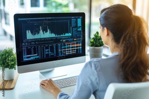 Adult businesswoman working at home using computer, studying business ideas on a pc screen on-line.