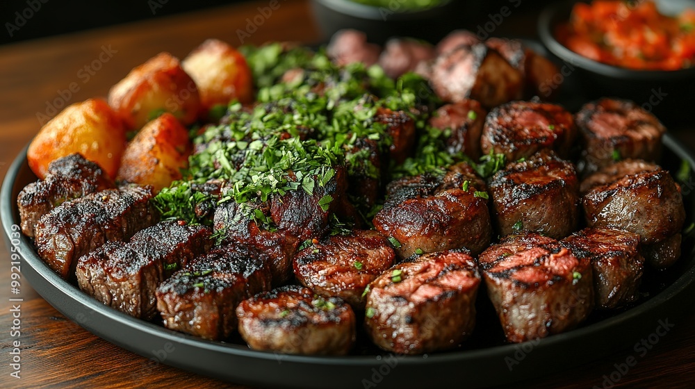 Grilled Meat Skewers with Potatoes and Parsley Garnish Grilled Meat Skewers with Potatoes and Parsley Garnish