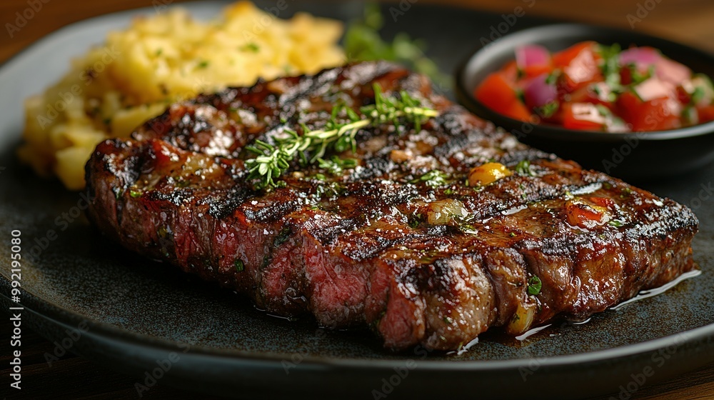 Close-up of a Grilled Steak with Herb Garnish and Side Dishes Close-up of a Grilled Steak with Herb Garnish and Side Dishes