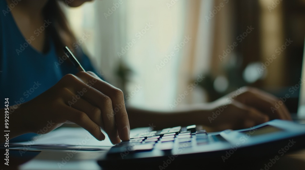 Fototapeta premium Woman accountant using calculator for accounting and taxes
