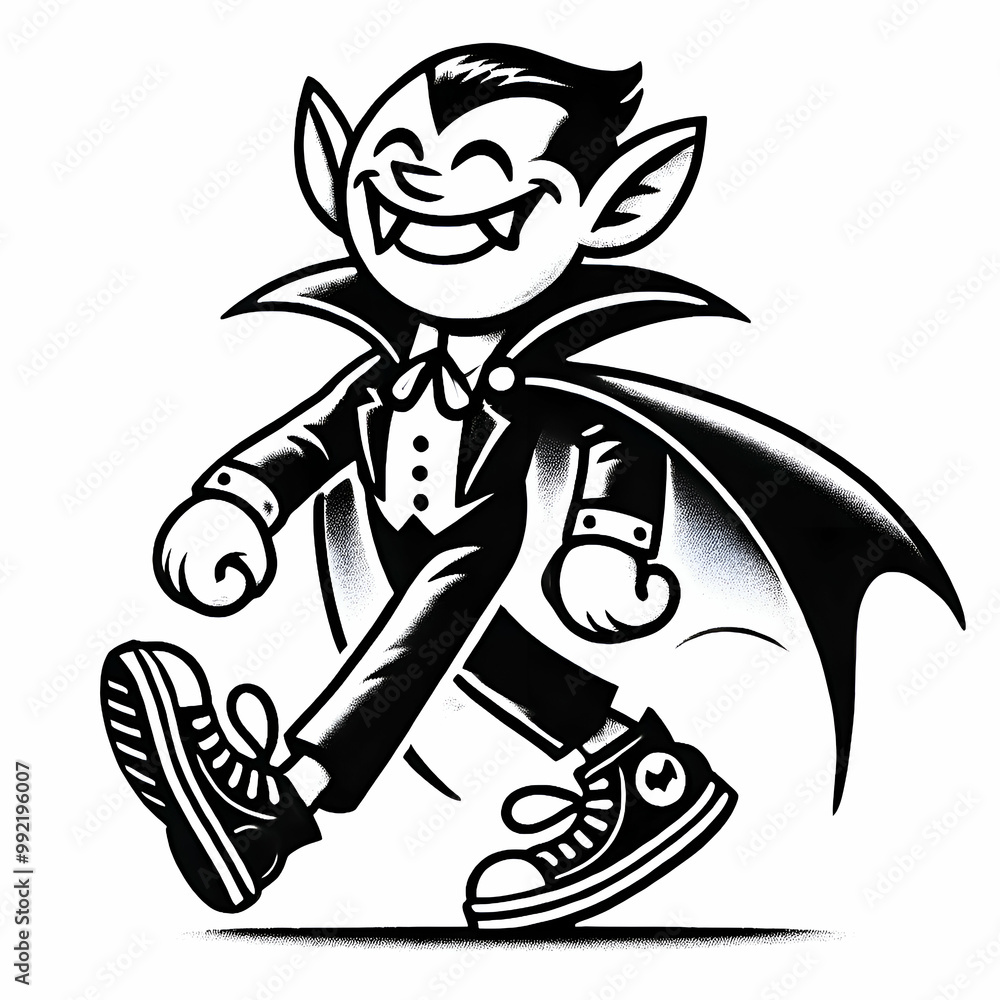 Retro cartoon vampire mascot walking in black and white, vintage Halloween character with cape and sneakers, cute and spooky Dracula illustration.
Retro cartoon vampire mascot walking in black and white, vintage Halloween character with cape and sneakers, cute and spooky Dracula illustration.