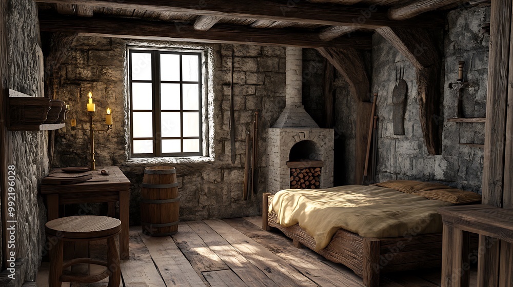 Medieval Rustic Bedroom Interior Design with Stone Walls, Wooden Beams, and Fireplace Medieval Rustic Bedroom Interior Design with Stone Walls, Wooden Beams, and Fireplace