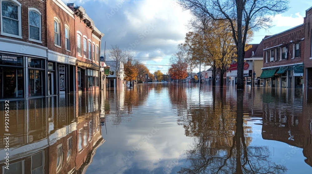 Fototapeta premium A flooded downtown street with businesses and shops partially underwater, reflections of storefronts glistening in the water.