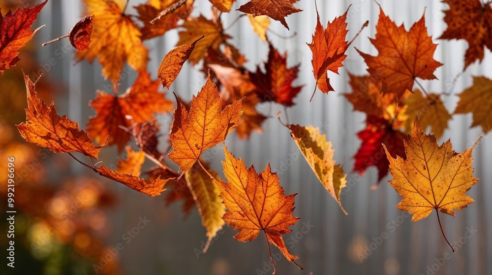 Autumn leaves falling gracefully against a soft blurred background. Autumn leaves falling gracefully against a soft blurred background.