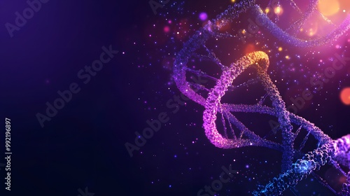 A 3D Rendered Double Helix DNA Structure with a Purple and Pink Gradient Glow