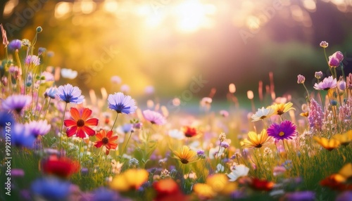 Blooming wildflowers nature background with depth of field for a vibrant and colorful spring scene