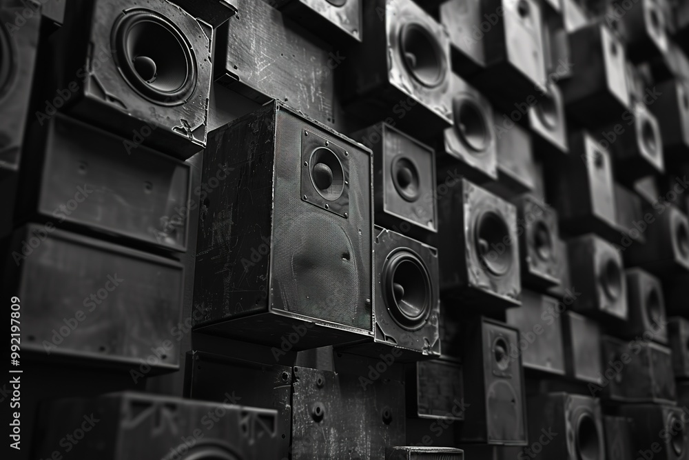 Obraz premium Music speakers on the wall in monochrome vintage style