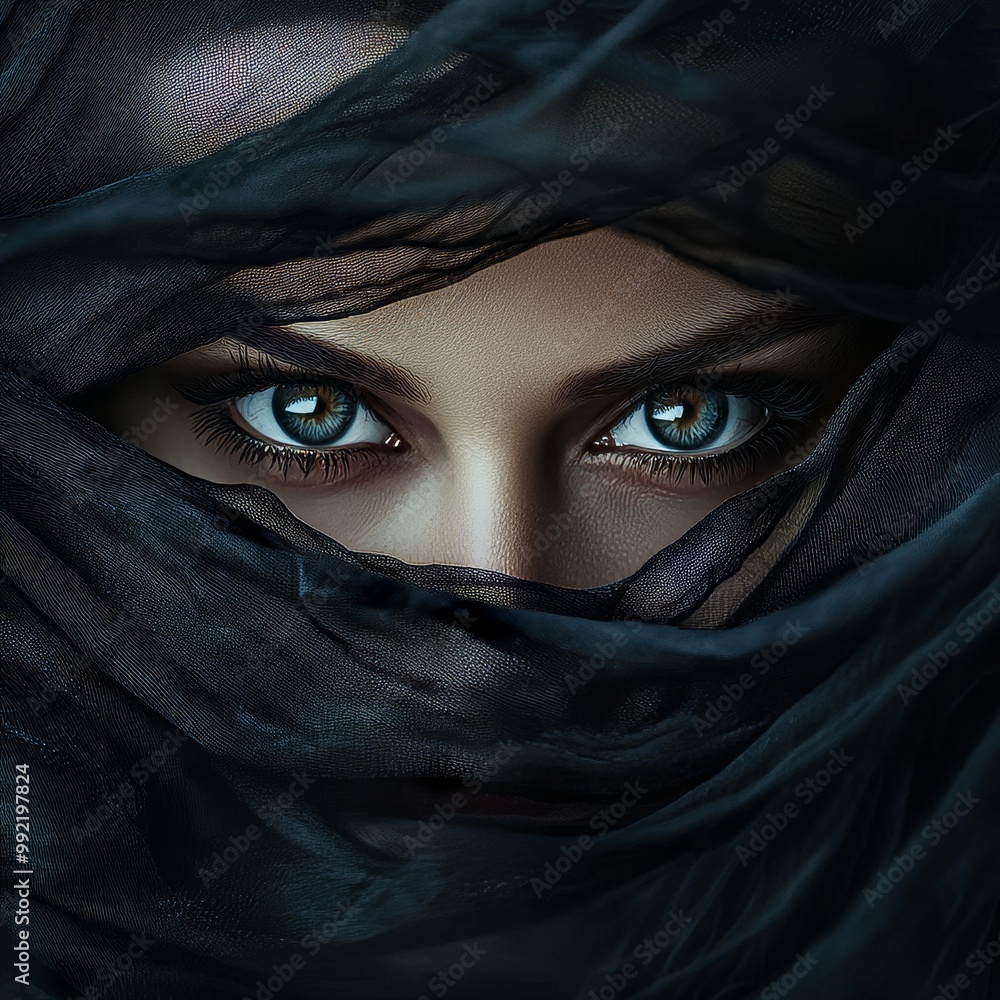 Naklejka premium Beautiful Witch Eyes with Flowing Black Fabric in Motion