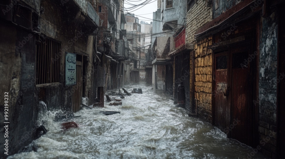 A narrow alleyway in a flood-affected urban area, with murky water flowing between buildings and debris floating past. A narrow alleyway in a flood-affected urban area, with murky water flowing between buildings and debris floating past.