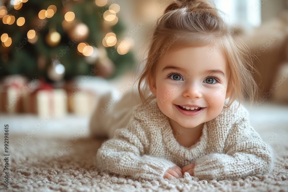 Cute little girl in sweater at home on Christmas eve, looking at camera. Portrait of cute little girl in knitted sweater on Christmas background. Cute little girl in sweater at home on Christmas eve, looking at camera. Portrait of cute little girl in knitted sweater on Christmas background.
