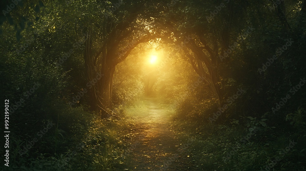 A tranquil journey along a forest path illuminated softly image A tranquil journey along a forest path illuminated softly image