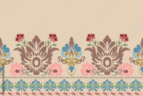 Ikat floral paisley embroidery seamless pattern. Ikat ethnic flower oriental pattern traditional. Motifs African boho. Ethnic ikat floral Border Indian floral Aztec embroidery border