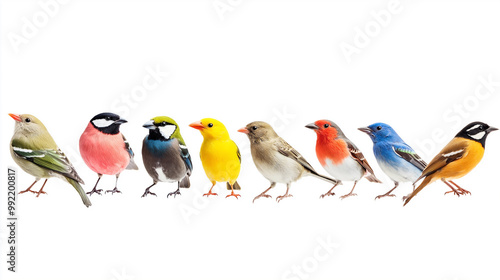 Rainbow of Songbirds: A vibrant collection of diverse bird species perched side-by-side, showcasing their colorful plumage and unique characteristics.