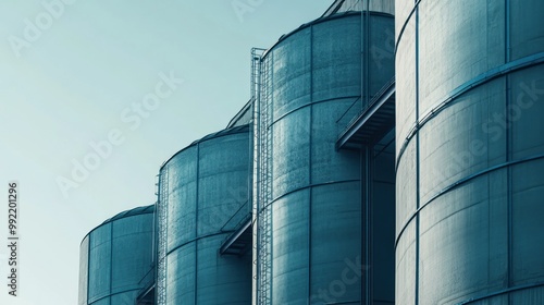 A row of tall cylindrical silos with ladders and a walkway