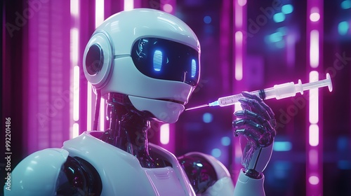 A humanoid robot gently administering a vaccine shot to a holographic patient, glowing syringe in hand, Futuristic, 3D, Neon lights, High-tech medical environment