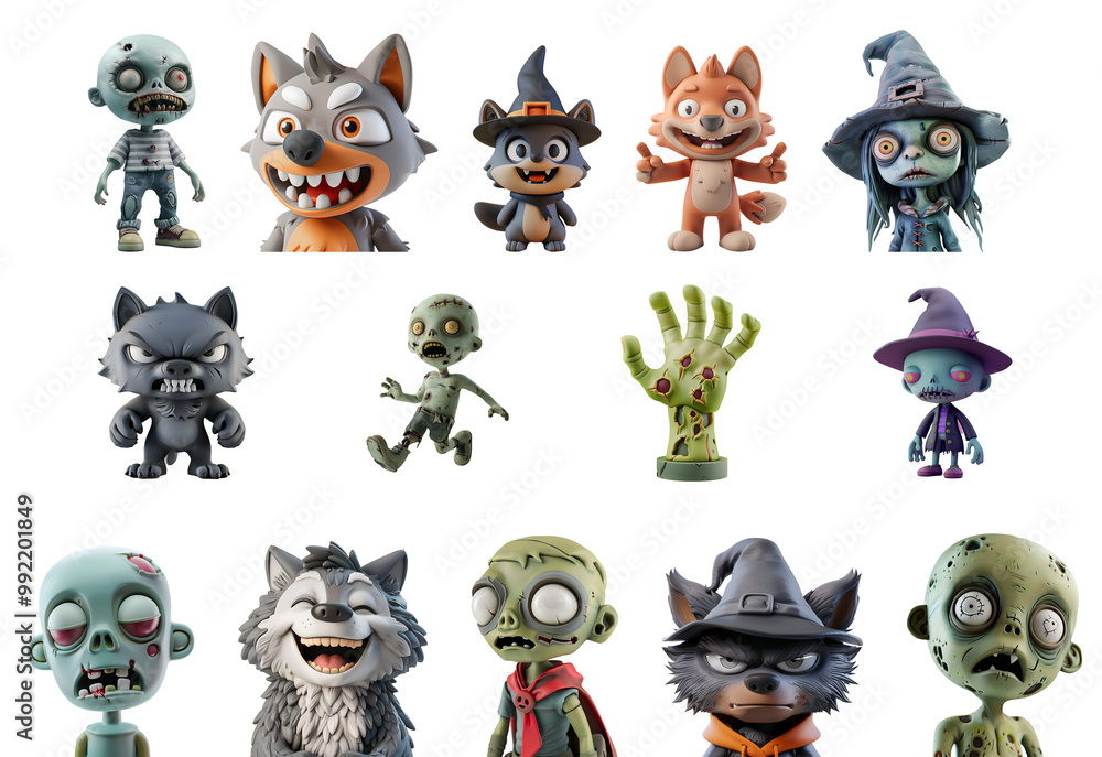 Set of Halloween Characters: 3D Cartoon Illustration Zombies and Werewolves, Graphic Elements for Halloween Parties, Isolated on Transparent Background, PNG Set of Halloween Characters: 3D Cartoon Illustration Zombies and Werewolves, Graphic Elements for Halloween Parties, Isolated on Transparent Background, PNG