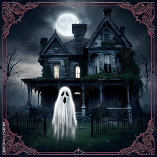 Creepy Haunted House Surrounded by Fog on Halloween Night