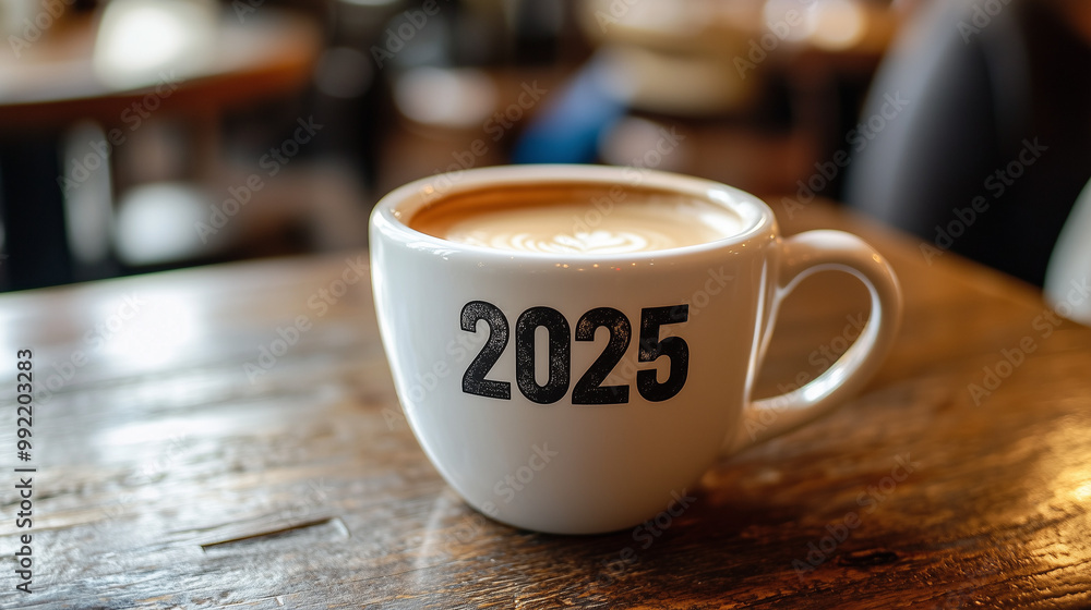 Obraz premium close up of cup of coffee on table with text 2025
