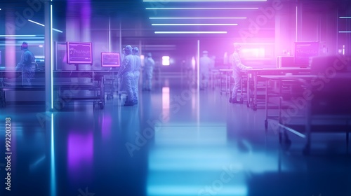 Wallpaper Mural Neon-lit vaccination center with holographic patient records, healthcare workers in advanced protective suits, vibrant purples and blues, dynamic camera angle from above, cinematic Torontodigital.ca