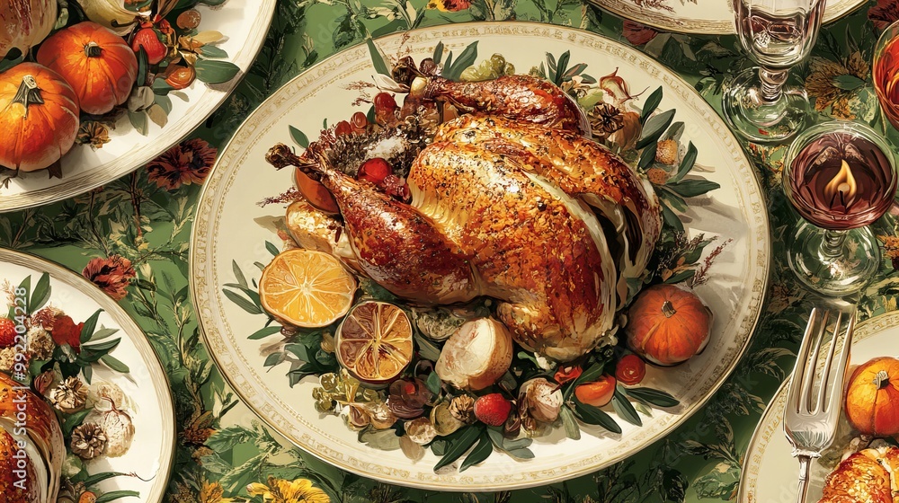A roasted turkey sits on a platter surrounded by oranges and pumpkins, ready to be served for a festive meal. A roasted turkey sits on a platter surrounded by oranges and pumpkins, ready to be served for a festive meal.
