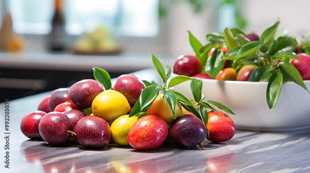 Jujube fruits displayed marble countertop modern kitchen sleek appliances vibrant plants softly blurred behind blending traditional fruits with a contemporary setting Scientific name Ziziphus jujuba Jujube fruits displayed marble countertop modern kitchen sleek appliances vibrant plants softly blurred behind blending traditional fruits with a contemporary setting Scientific name Ziziphus jujuba