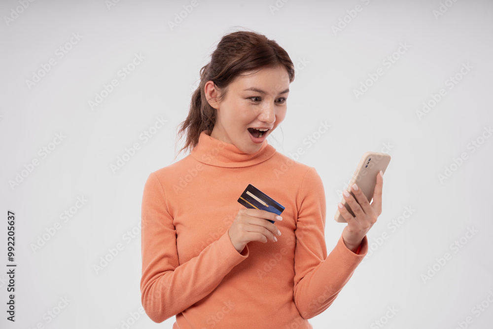 Portrait woman using smartphone for online shopping at home. stay home, technology, electronic commerce, internet, market place, final or summer or big sale, payment, discount for credit, offer Portrait woman using smartphone for online shopping at home. stay home, technology, electronic commerce, internet, market place, final or summer or big sale, payment, discount for credit, offer