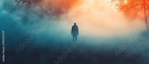 Shadow of a Ghost behind Foggy Atmosphere. Background for Halloween day.