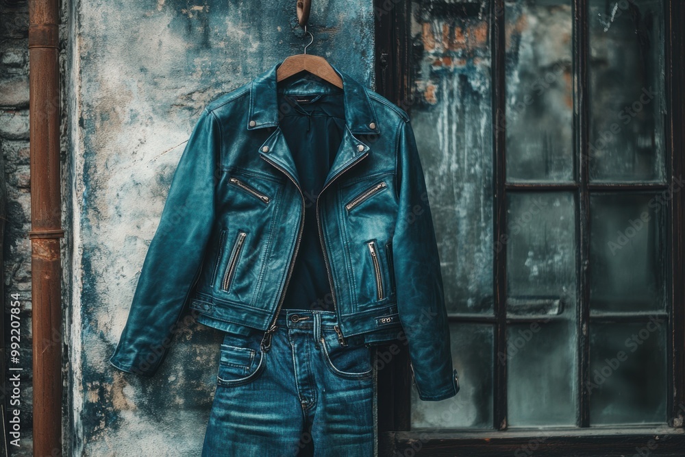Fototapeta premium mockup banner showcasing urban wear leather jacket and ripped jeans hanging on a hook, epitomizing stylish casual fashion