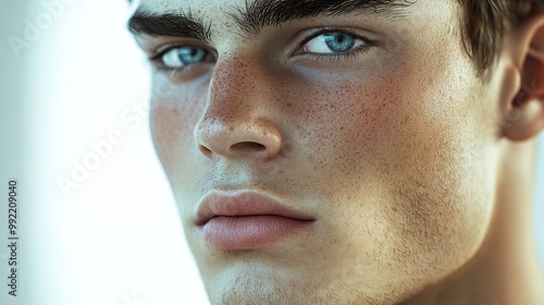 Close-up Portrait of a Handsome Young Man with Blue Eyes and Freckles