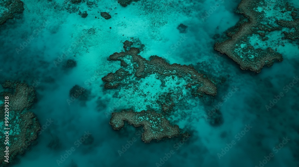 Fototapeta premium An aerial view of coral reefs in turquoise water.