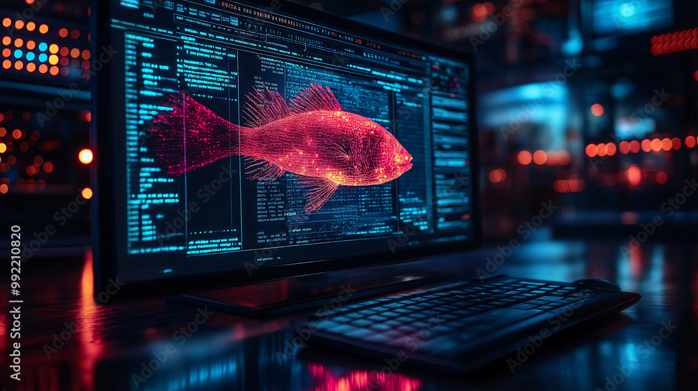 Obraz premium Digital Fish on Computer Screen with Code and Keyboard