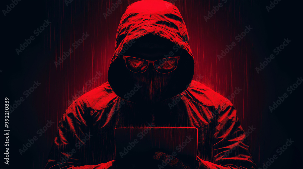 Hacker in Red Light Anonymous Person with a Laptop and Sunglasses Hacker in Red Light Anonymous Person with a Laptop and Sunglasses