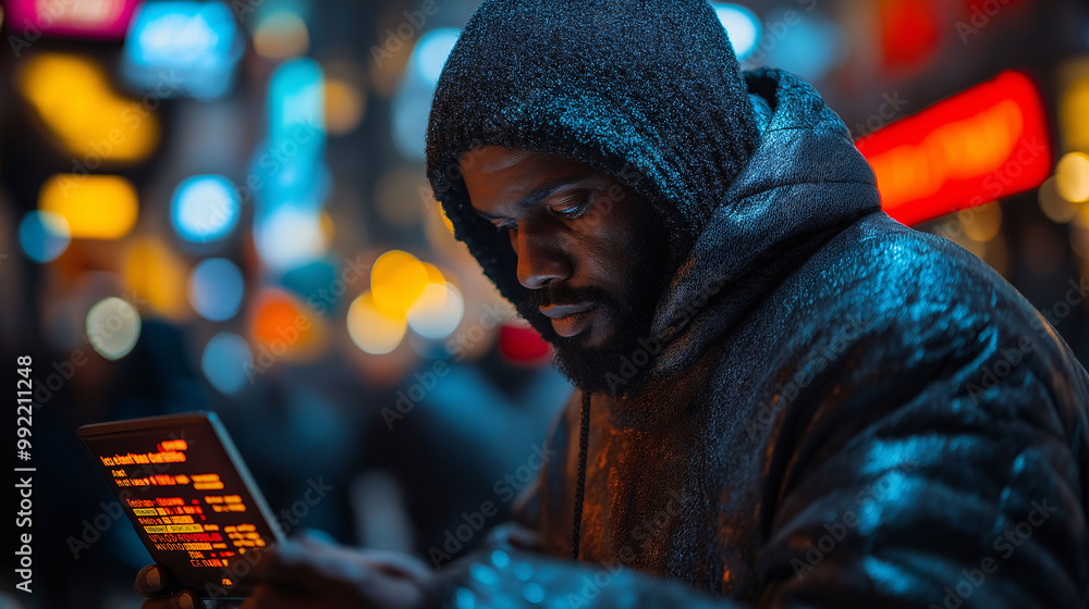 Man Using Laptop in City Lights at Night Man Using Laptop in City Lights at Night
