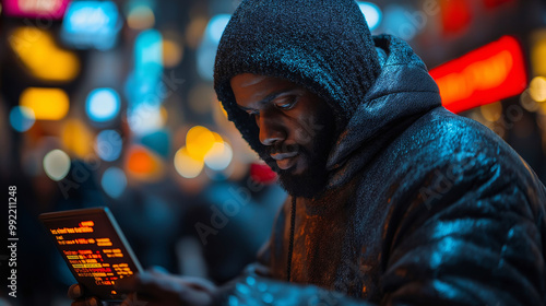 Man Using Laptop in City Lights at Night