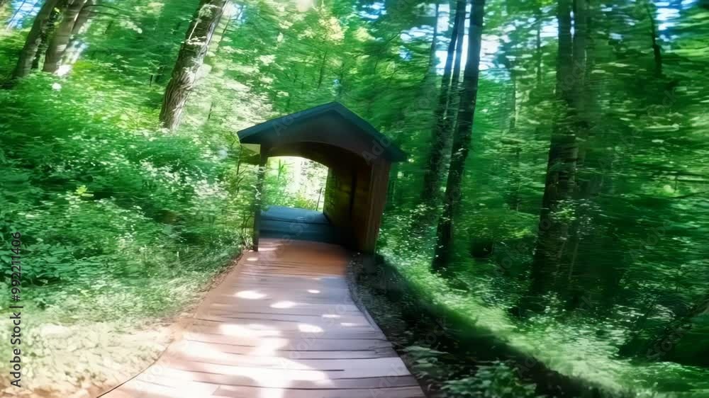Wooden tunnel arches over a path, leading to a sunlit forest opening. Lush green trees and foliage surround the structure. Dappled sunlight filters through the leaves, creating a magical atmosphere. Wooden tunnel arches over a path, leading to a sunlit forest opening. Lush green trees and foliage surround the structure. Dappled sunlight filters through the leaves, creating a magical atmosphere.