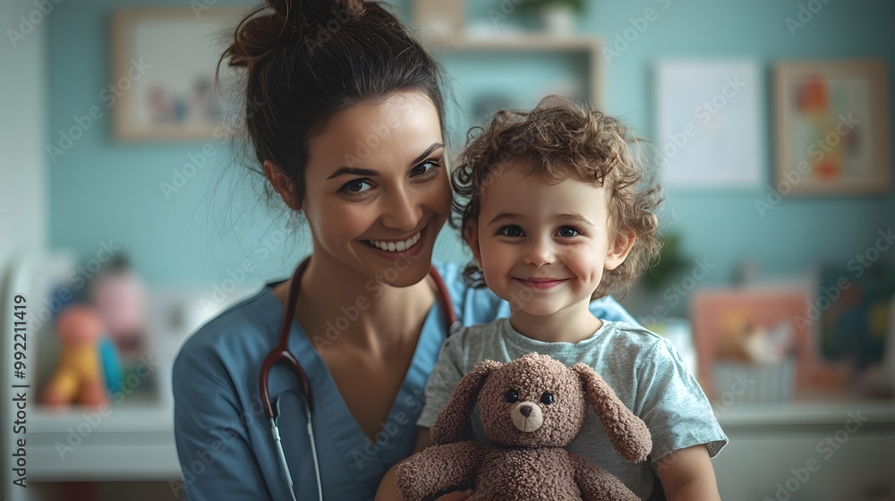 Pediatric nurse administering a vaccine to a fearless child in a cozy, child-friendly clinic, with toys and bright artwork creating a sense of calm Pediatric nurse administering a vaccine to a fearless child in a cozy, child-friendly clinic, with toys and bright artwork creating a sense of calm