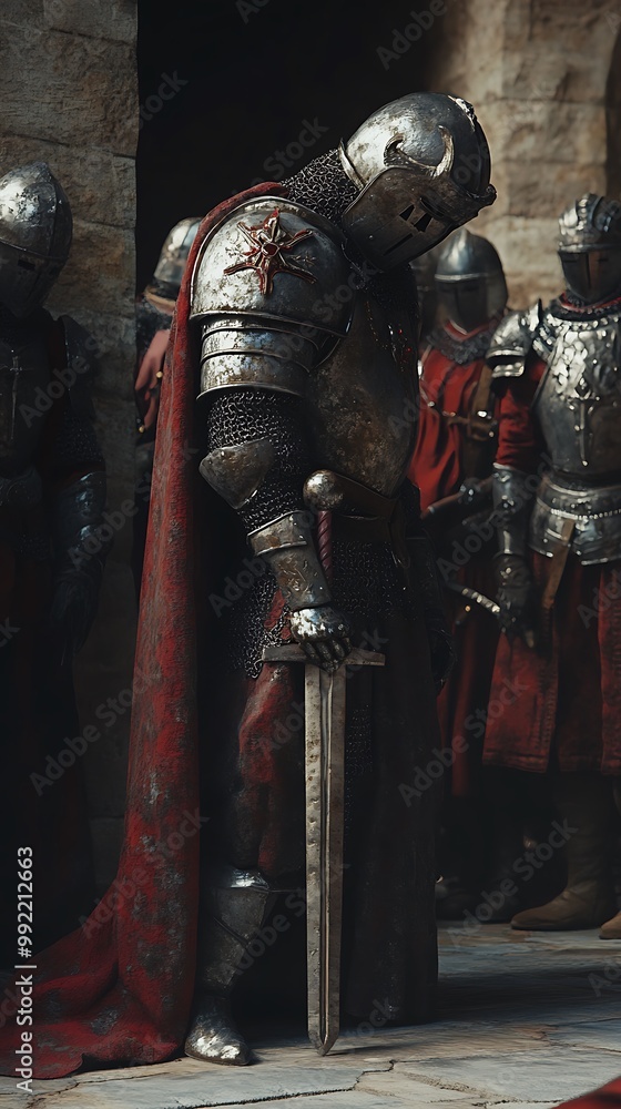 Medieval knight in full armor with sword, standing with other knights. Historical fantasy concept Medieval knight in full armor with sword, standing with other knights. Historical fantasy concept