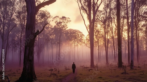 A single figure walks through a misty forest as the sun sets, creating a magical and ethereal atmosphere.