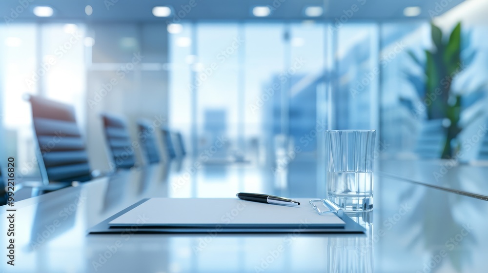 Naklejka premium A modern conference room featuring a sleek table, a notepad, a pen, and a glass, with large windows allowing natural light.