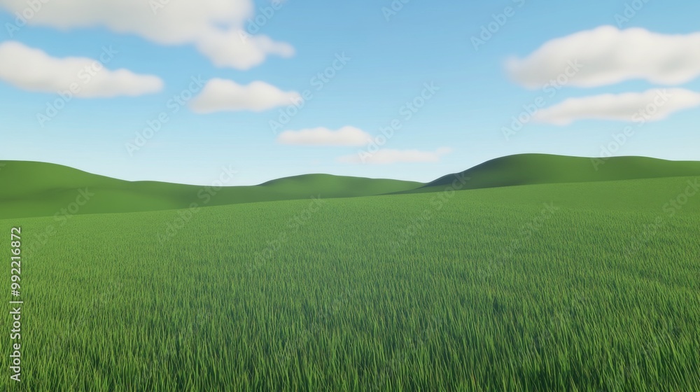 A sprawling green field stretches under a bright blue sky adorned with fluffy white clouds, evoking a sense of peace and openness. Gentle hills are visible in the distance. A sprawling green field stretches under a bright blue sky adorned with fluffy white clouds, evoking a sense of peace and openness. Gentle hills are visible in the distance.