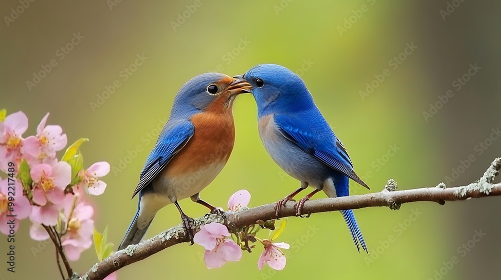 Eastern Bluebird offers a spray, nurturing bond with his mate picture Eastern Bluebird offers a spray, nurturing bond with his mate picture