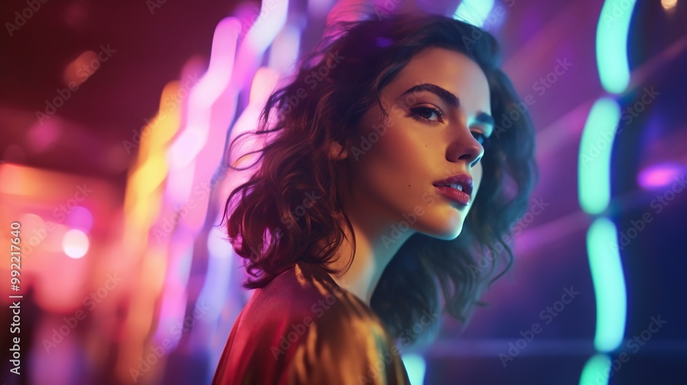 Fototapeta premium Woman with Curly Hair Posing in Neon Lights
