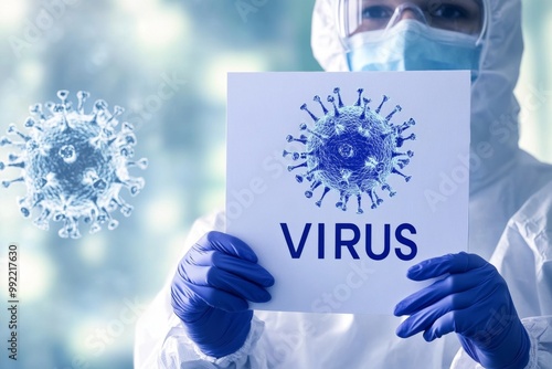 A scientist wearing a hazmat suit and blue gloves holds a piece of paper with a detailed illustration of a virus, emphasizing biological safety and scientific research. Emphasizing scientific researc photo