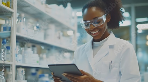 A Smiling Female Scientist Using a Tablet in a Laboratory Setting