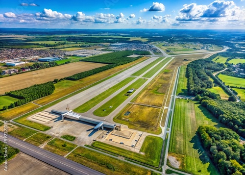 Aerial View of Poznan Lawica Airport with Runways, Terminals, and Surrounding Landscape in Poland photo