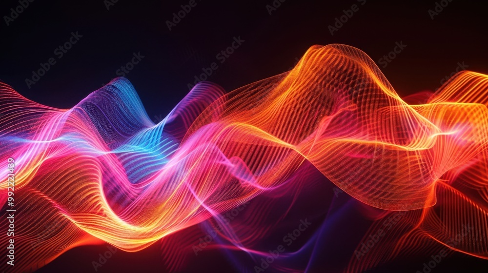 Fototapeta premium Abstract laser light beams forming dynamic wave patterns on a black backdrop, creating a sense of movement and energy