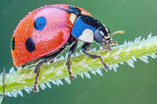 Vibrant ladybug on green plant stem up close macro view