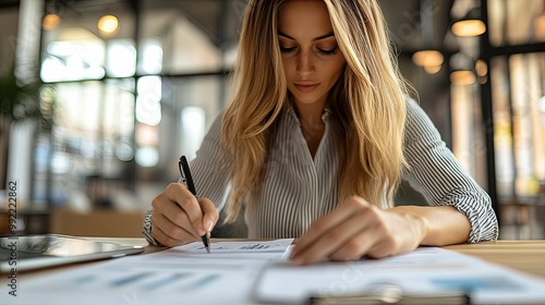 Woman with Blonde Hair Writing on Paper in a Cafe